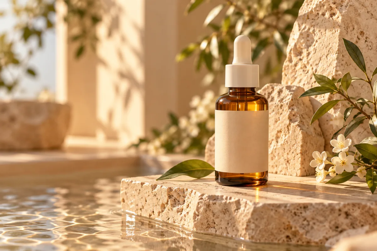 Amber dropper bottle displayed beside flowers and water