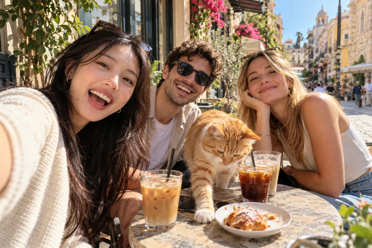 Friends and a cat sharing a photo at an outdoor cafe